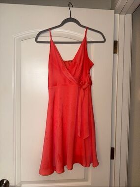Express Coral Red Wrap Mini Dress with Spaghetti Straps